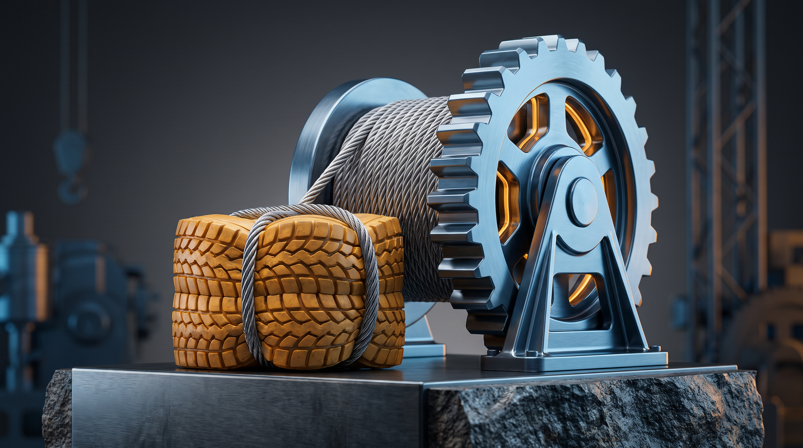 Abstract editorial cover illustration for "Custom Truck (CTOS): Strong Q2 Lifts Guidance as Cash Lags", using precision industrial machinery and infrastructure to interpret its central idea.