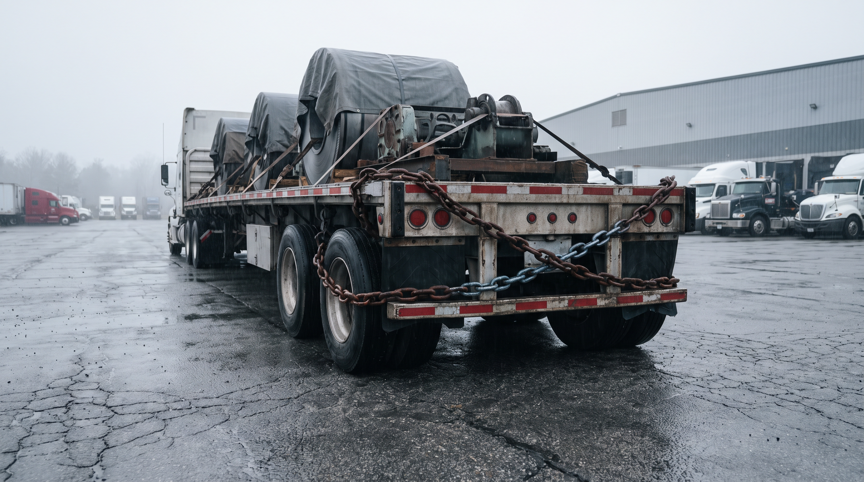 Editorial cover illustration for "Trucker Mullen (MTL): 11.3% Dilution Mutes Recovery Gains", using precision industrial machinery and infrastructure to interpret its central idea.