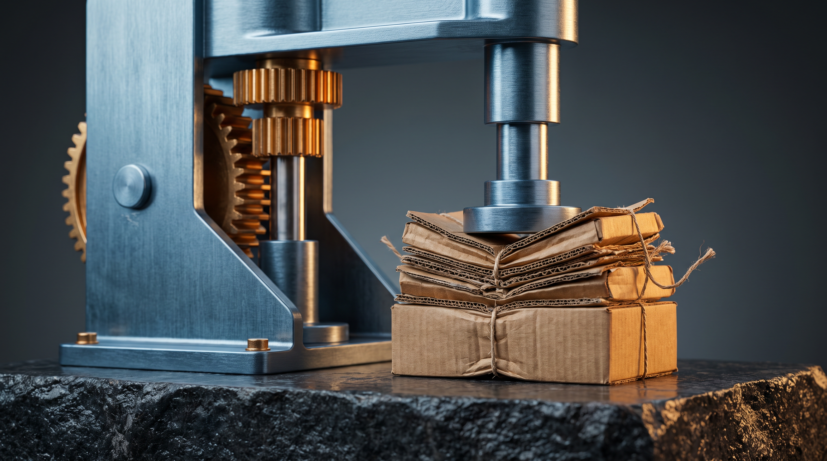 Abstract editorial cover illustration for "Pitney Bowes (PBI): Cost Cuts Lift Guidance as Sales Shrink", using precision industrial machinery and infrastructure to interpret its central idea.