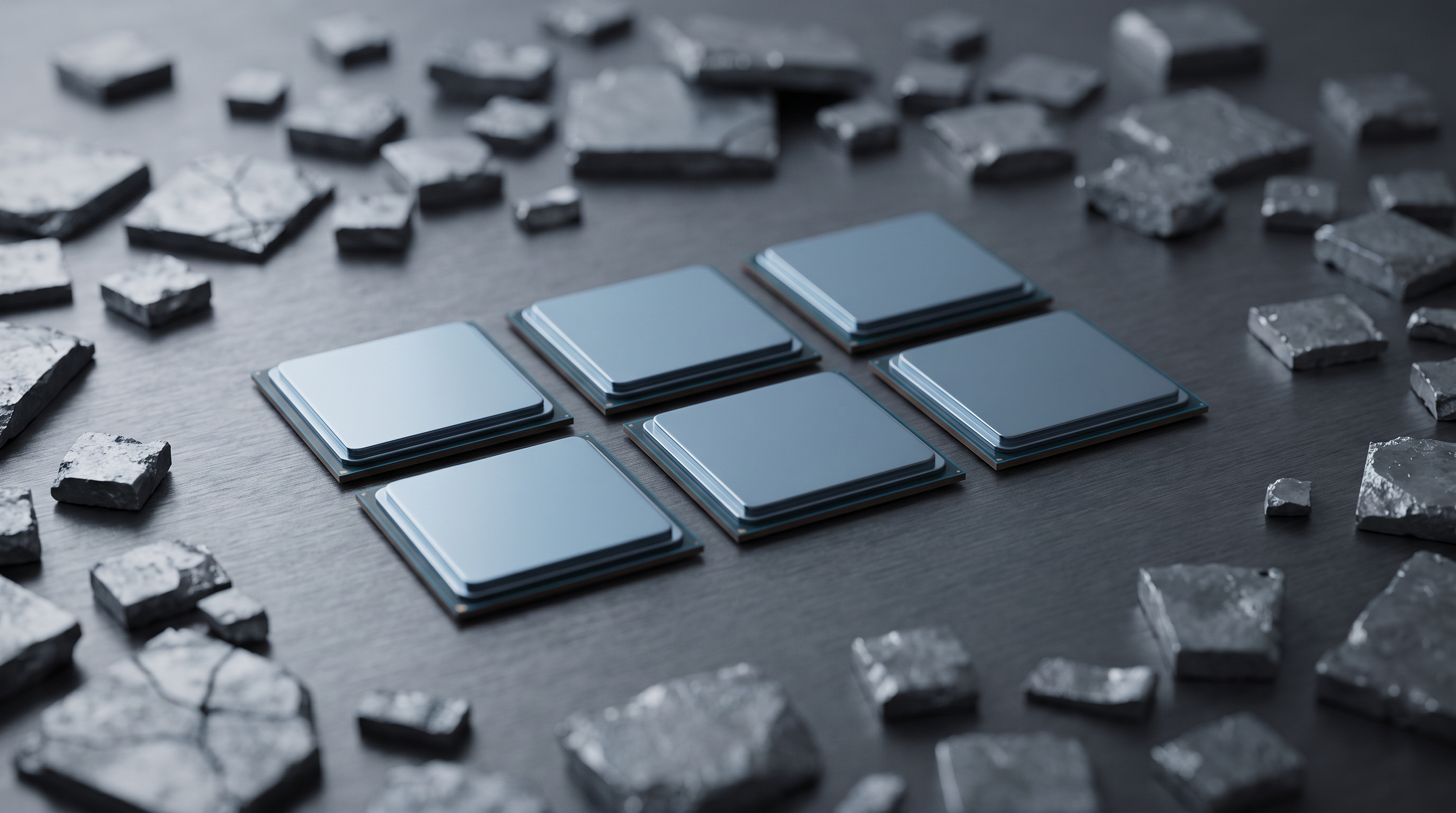 Editorial cover illustration for "Only 6 of 1,035 Tech Names Earn an Exceptional Rating", using precision computing hardware and silicon craftsmanship to interpret its central idea.