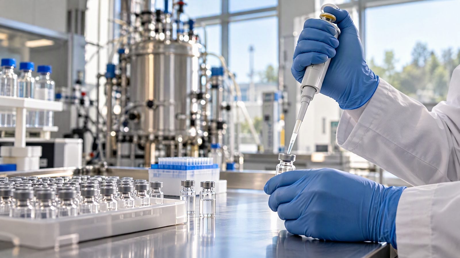 A person in a white coat and blue gloves uses a pipette on a small glass vial on a metal counter. Trays of similar vials sit beside it, with large stainless steel machinery and bright windows illuminated by daylight in the background.