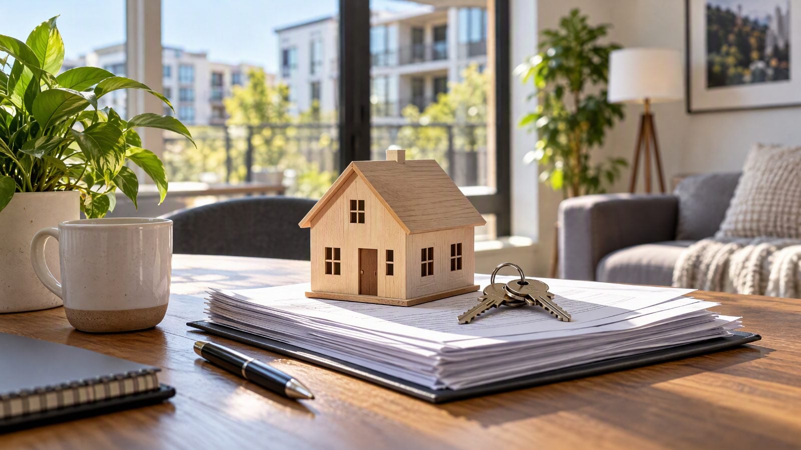 A wooden model house sits atop a stack of papers and keys on a wooden table, beside a pen and ceramic mug. Sunlight streams across the table in front of large windows overlooking apartment buildings.
