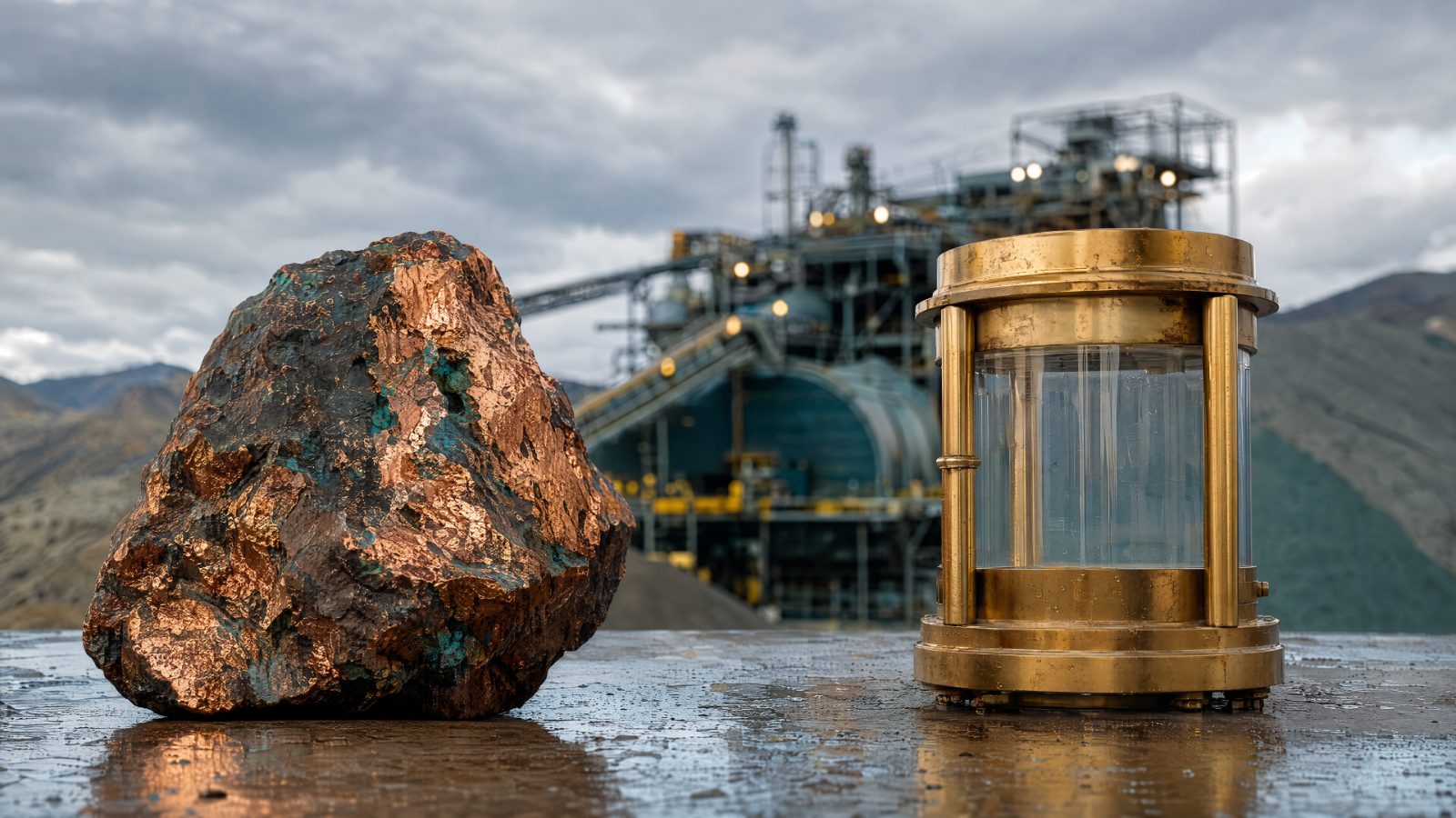 Editorial cover illustration for "Copper Processor Amerigo (ARG): Cash Funds a Larger Payout; Liquidity Must Last", using refined raw materials and natural elements to interpret its central idea.