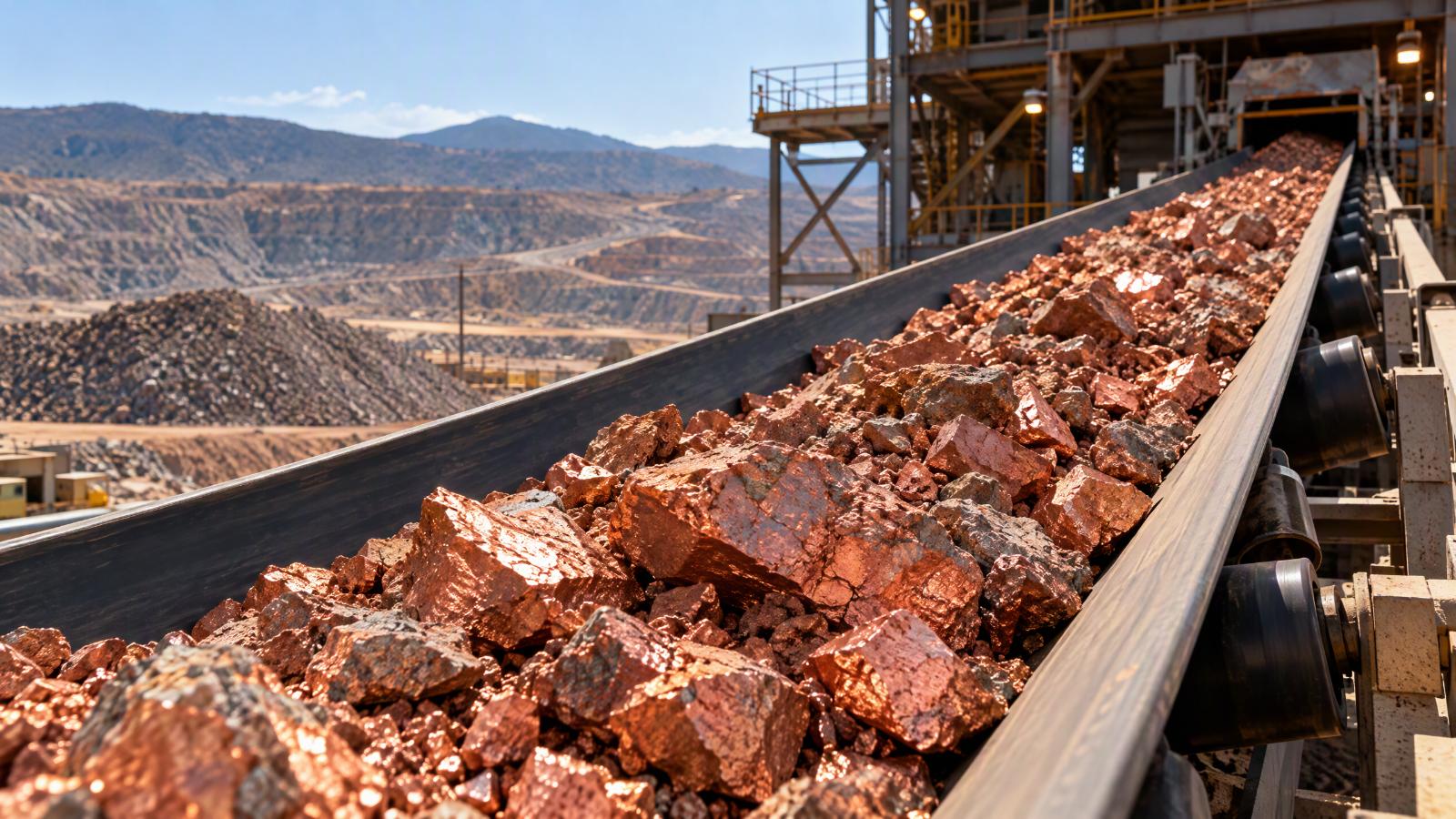 A long industrial conveyor belt carries heaps of shiny, copper-colored rocky ore under bright sunlight. In the background, tiered terraced hills and an open pit stretch toward distant mountains under a blue sky, beside large steel structures.