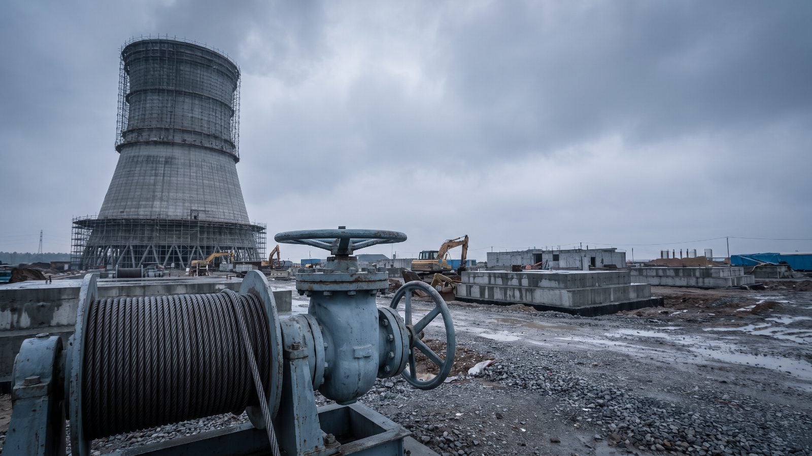 Editorial cover illustration for "Central Puerto (CEPU): Q2 Growth Expands Buildout Room but Tightens Funding", using power-generation turbines, panels, and dams to interpret its central idea.