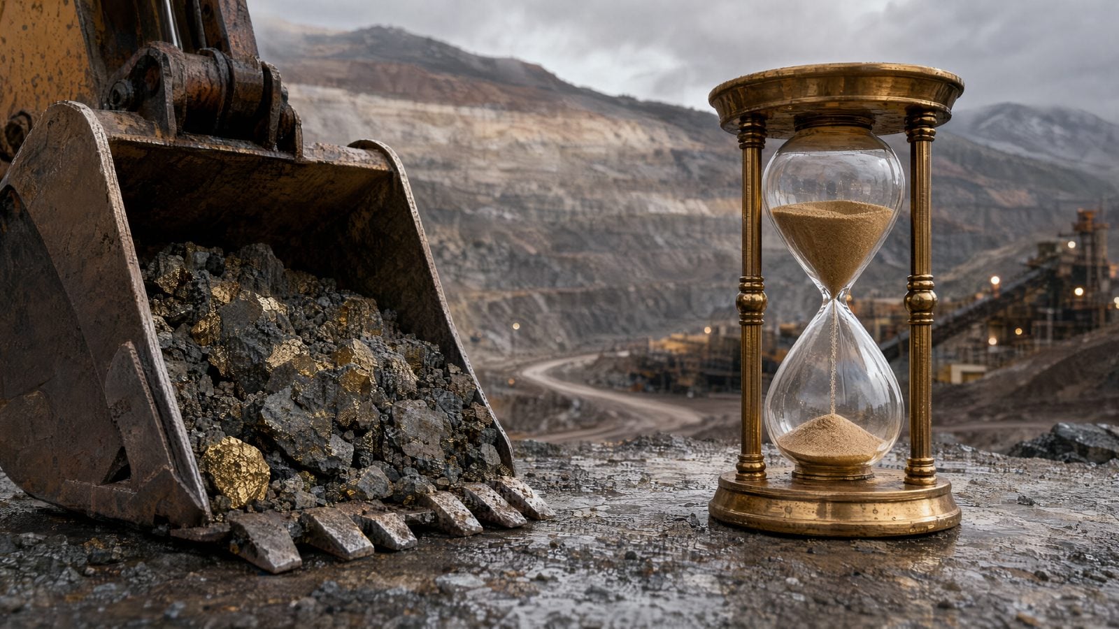 Editorial cover illustration for "Centerra Gold (CG): Higher Output Leaves Buybacks, Projects Competing for Cash", using refined raw materials and natural elements to interpret its central idea.