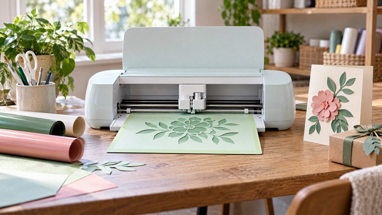 A pale mint cutting machine sits open on a wooden table, feeding a mat with a cut-out paper flower. Around it lie rolls of craft vinyl, tools in a cup, loose paper leaves, a handmade card decorated with a paper blossom, and a small wrapped gift under bright daylight.