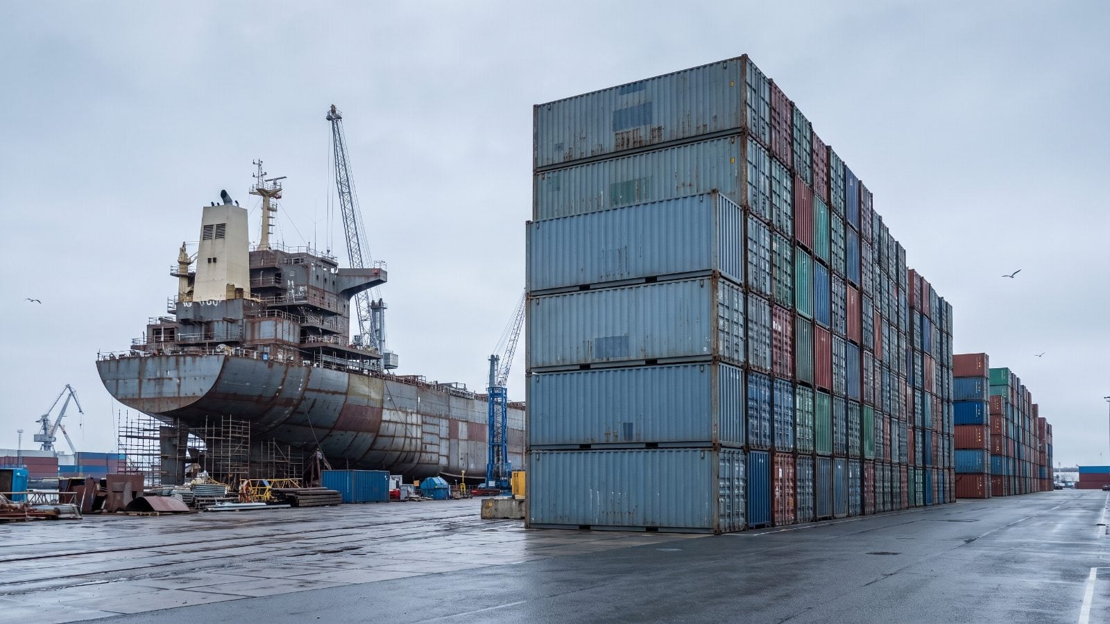 Editorial cover illustration for "Danaos (DAC): Dry-Bulk Growth Has Not Eased Fleet Expansion's Cash Strain", using precision industrial machinery and infrastructure to interpret its central idea.