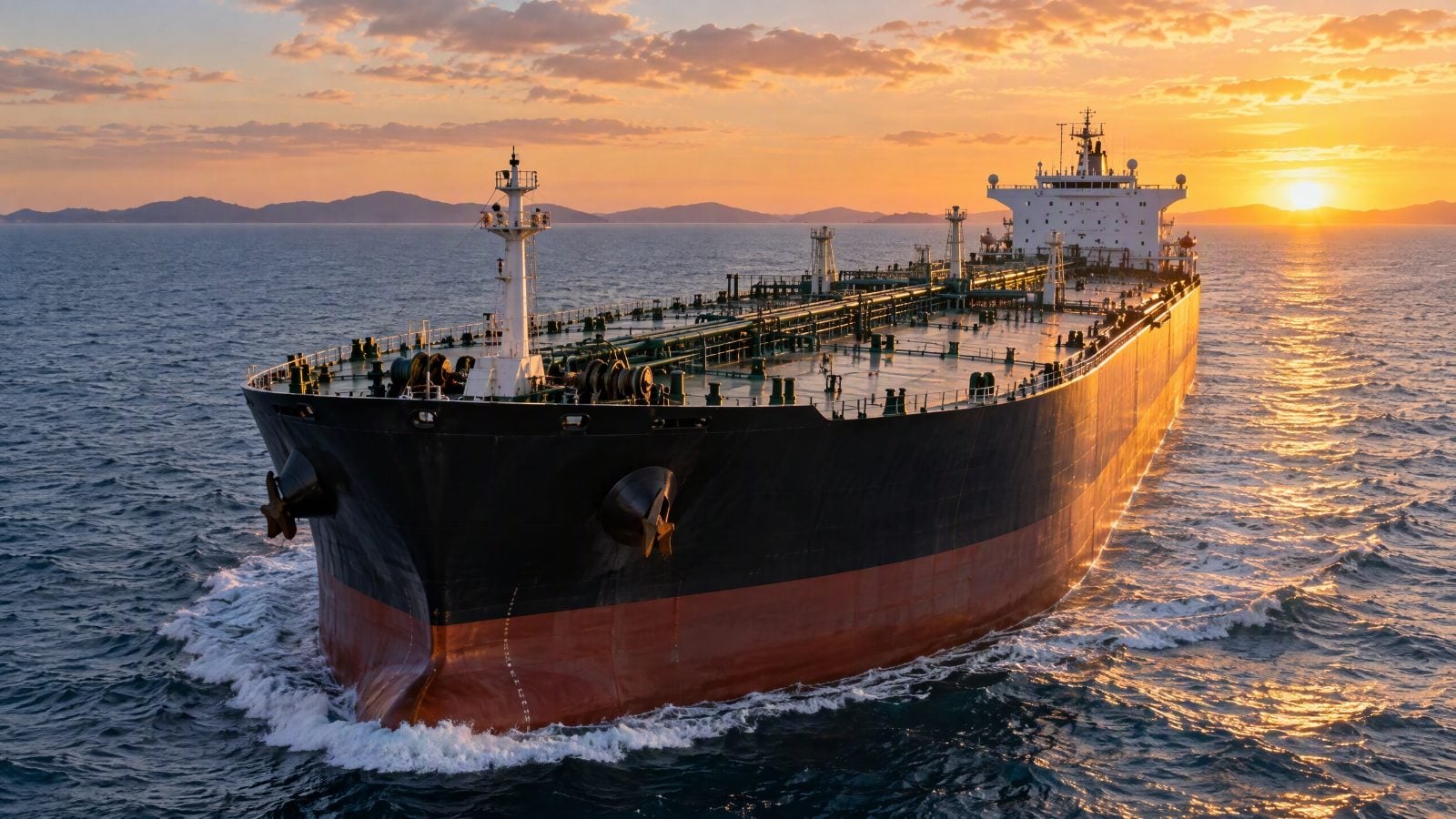 A large black and red tanker ship navigates through rippling ocean waters toward the viewer. Warm, golden sunlight from the setting sun on the right illuminates the ship's side, casting reflections on the water, while distant hills sit beneath an orange and blue evening sky.