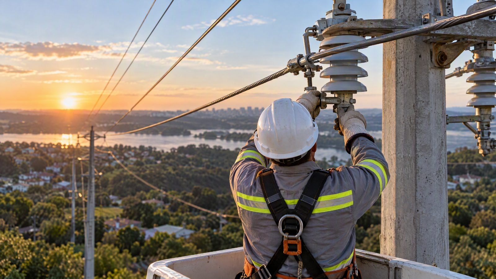Seen from behind, a utility worker in a white hard hat and safety harness works on an electrical insulator atop a utility pole from a cherry picker. The setting sun casts a warm golden light over distant hills, a lake, and power lines stretching across the landscape.
