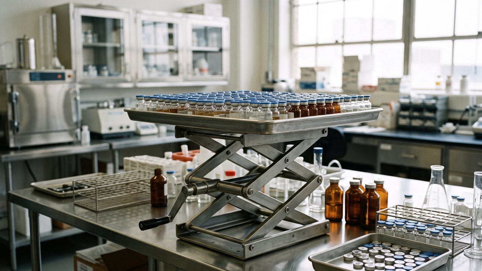 A metal scissor-lift platform sits on a stainless-steel workbench, holding a tray filled with rows of small glass vials with blue caps. Around it are amber bottles, test tube racks, and glassware, set in a bright laboratory with large windows and stainless-steel cabinetry.