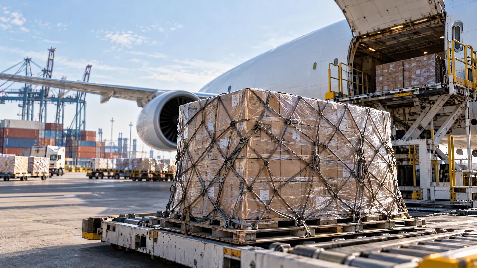 A cargo pallet wrapped in plastic film and secured with netting sits on a metal loader in front of an open airplane cargo hold on a sunny tarmac. In the background under a blue sky, shipping containers, cranes, and transport carts extend across the concrete lot.