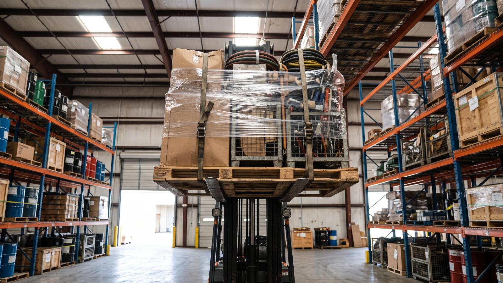 A forklift in a warehouse raises a wooden pallet loaded with cardboard boxes, hoses, and tools wrapped in plastic wrap. Tall metal shelving racks lined with barrels and wooden crates stand on both sides under overhead skylights and daylight from an open doorway.