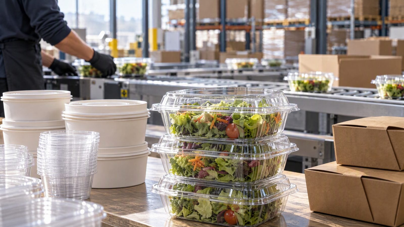 In a bright warehouse, stacks of clear plastic containers filled with green salads, white bowls, and brown cardboard boxes sit on a wooden table. Behind them, a person in black clothing and gloves works along a metal conveyor line carrying more packaged salads, with stacked pallets in the background