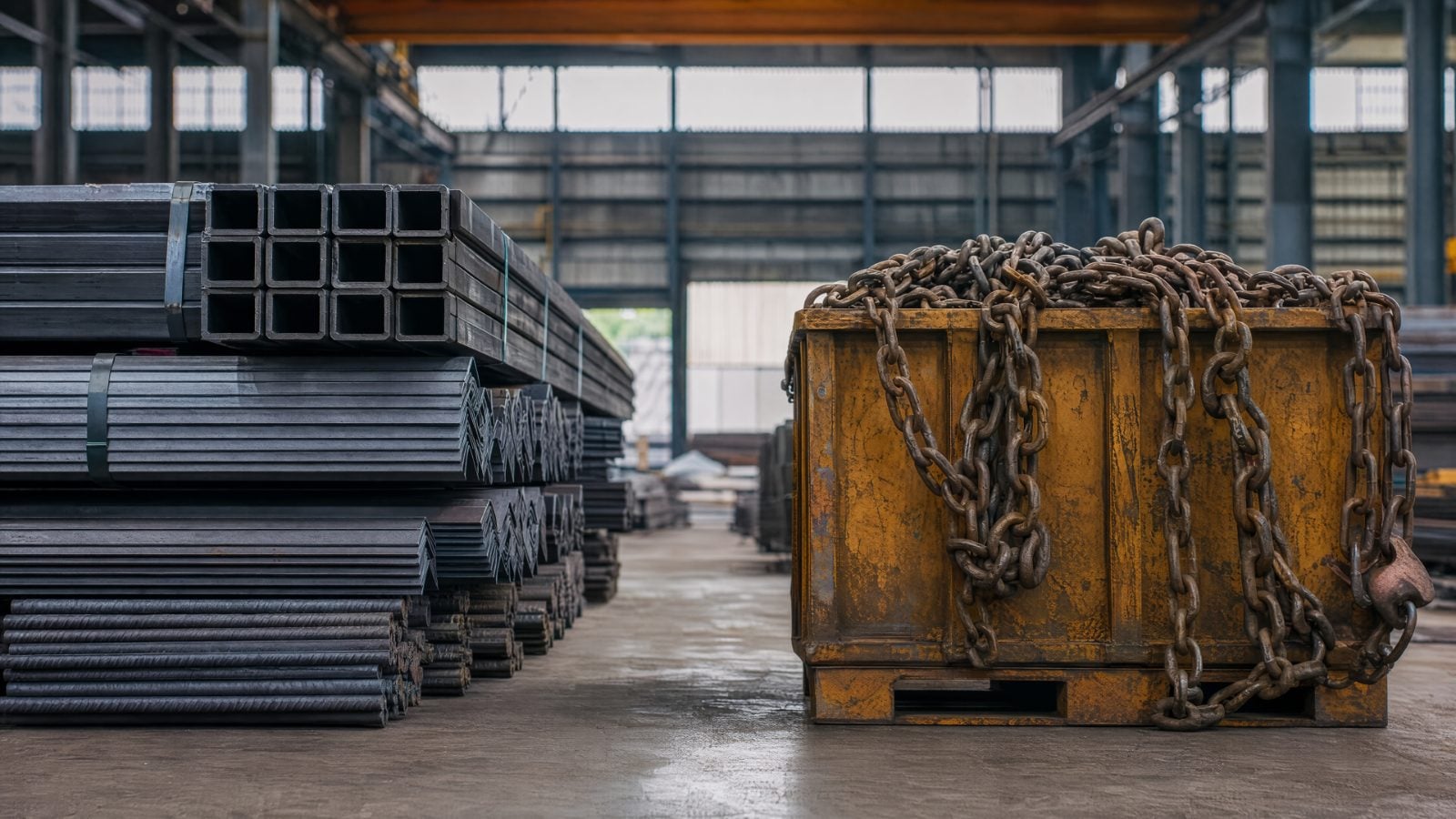 Editorial cover illustration for "Russel Metals (RUS): Kloeckner Adds Earnings, but the Cash Burden Is Rising", using precision industrial machinery and infrastructure to interpret its central idea.