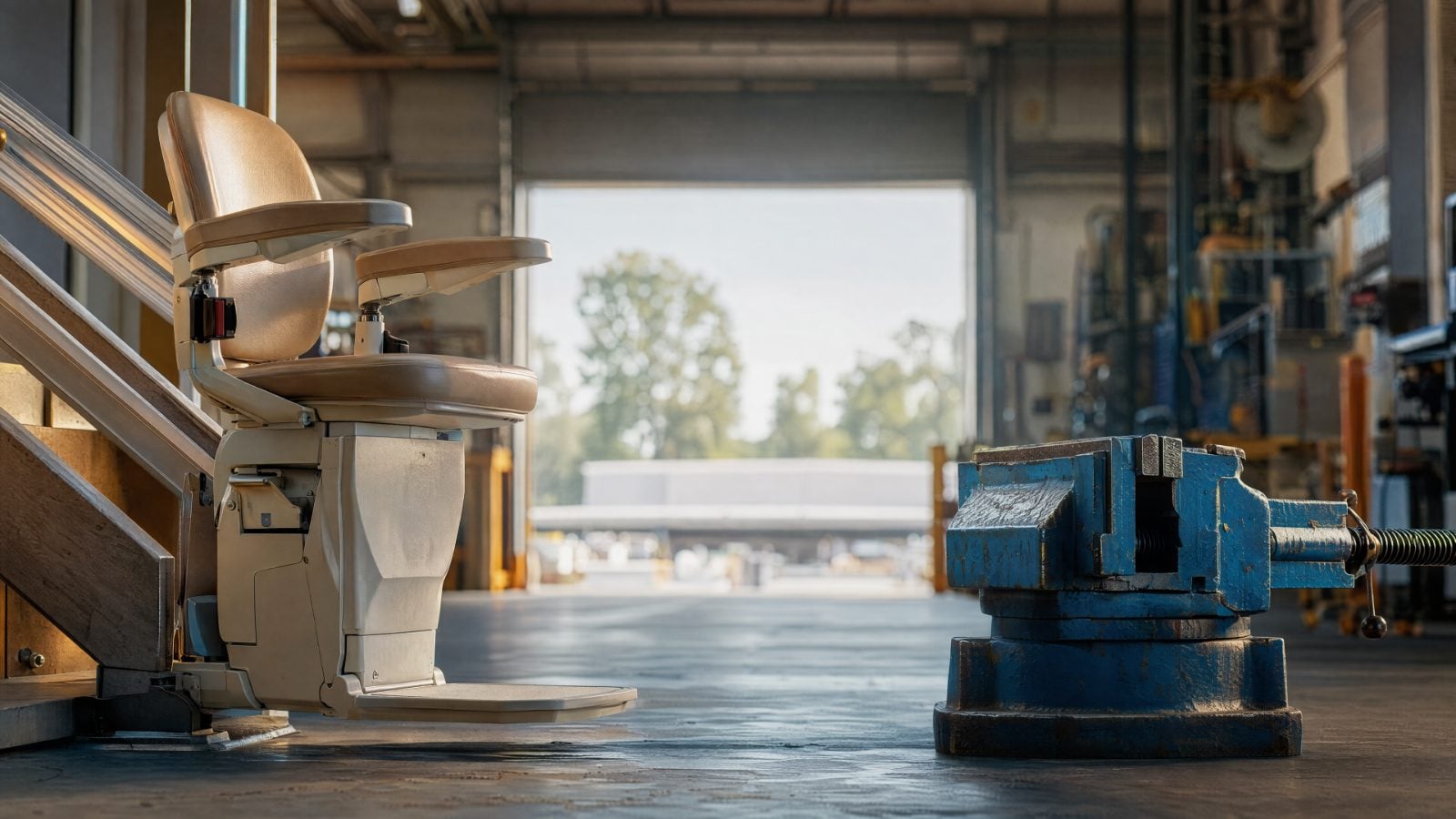 Editorial cover illustration for "Accessibility Maker Savaria (SIS): Q2 Profits Grow, Expansion Cash Stalls", using precision industrial machinery and infrastructure to interpret its central idea.