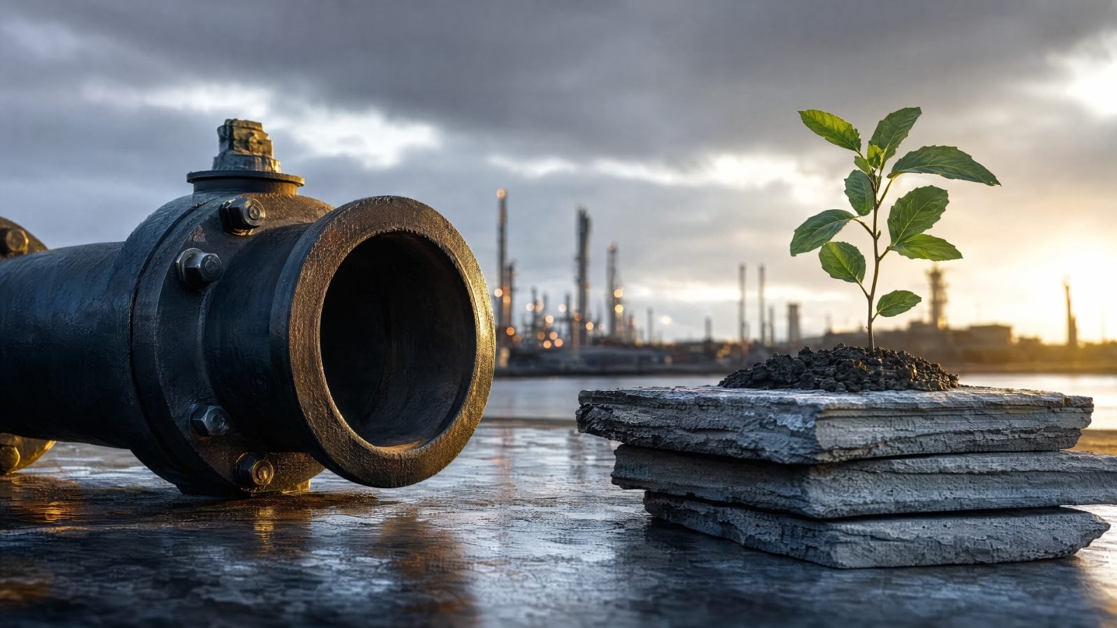 Editorial cover illustration for "Suncor (SU): New York Ruling Strengthens Defense Against Climate-Damage Claims", using flowing energy infrastructure to interpret its central idea.