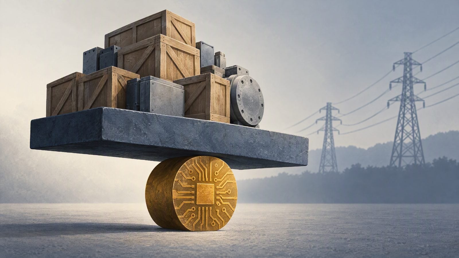 A gold cylinder engraved with circuit board patterns balances a grey stone slab loaded with wooden crates and metal machine parts. In the misty grey background under soft light from the left, power line towers stand against a line of trees.