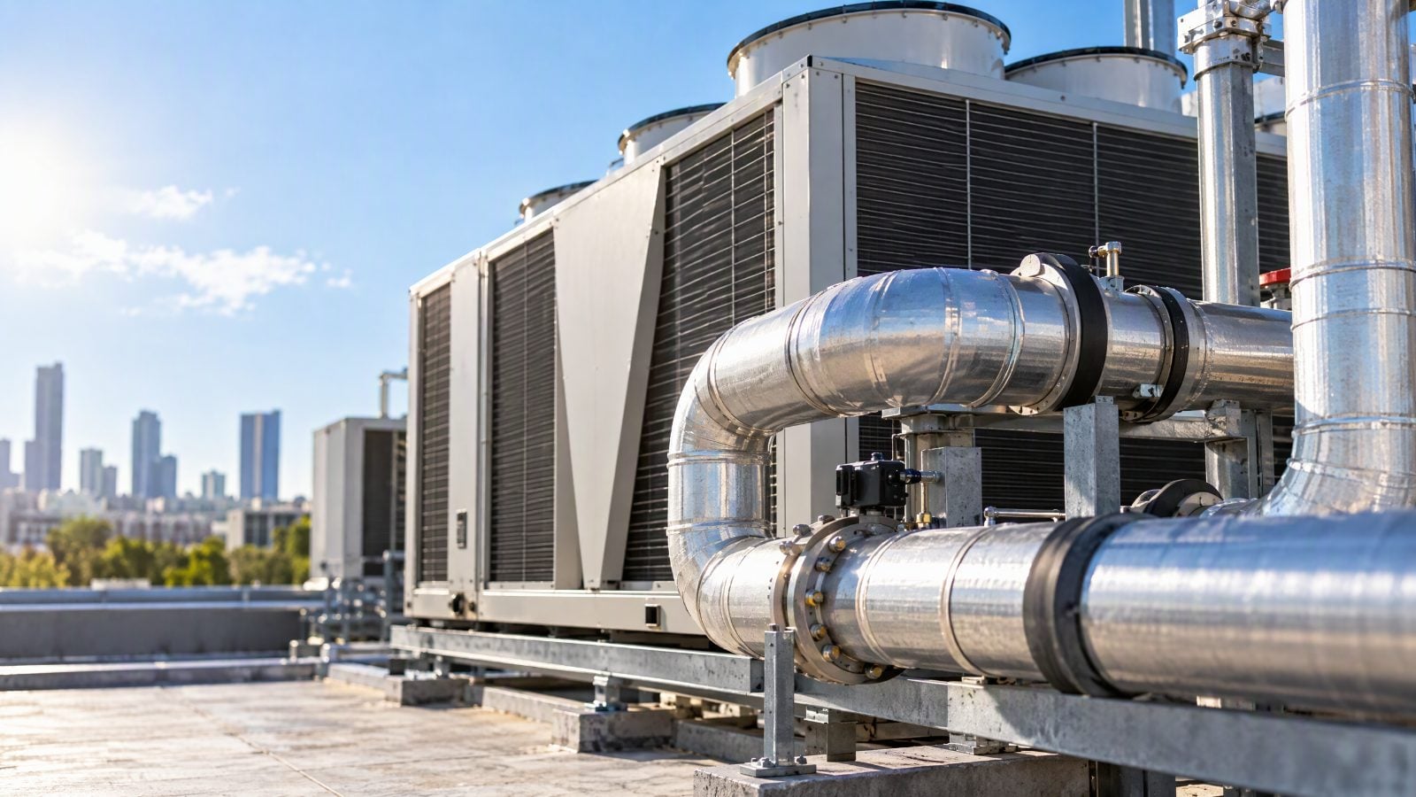 Large grey industrial cooling units and insulated silver pipes stand on a concrete rooftop under bright sunlight. In the background under a blue sky, distant city skyscrapers rise beyond a line of green trees.