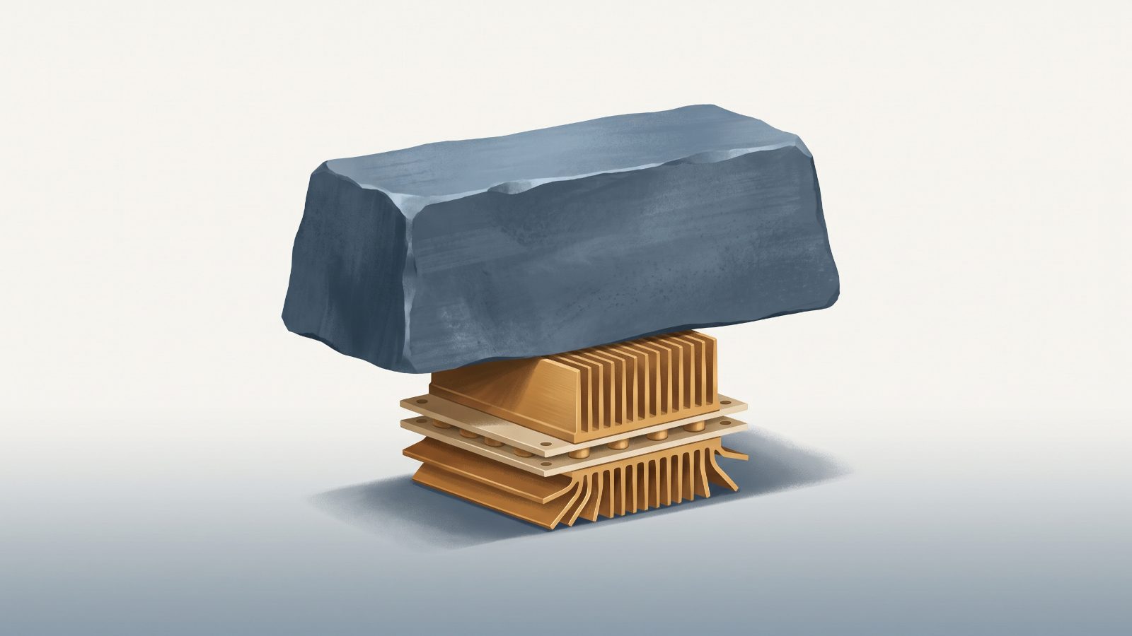A large grey stone block rests atop a copper-colored heatsink assembly, causing the metal fins at the bottom to bend outward under its weight against a plain light background.