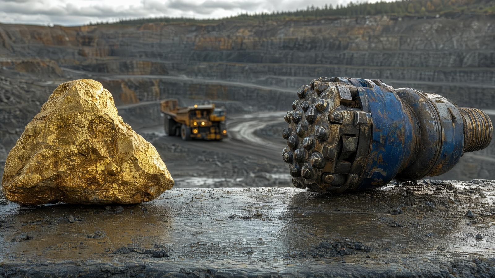 Editorial cover illustration for "Gold Miner Wesdome (WDO): Cash Demands Mount Under a Costlier, Longer Mine Plan", using refined raw materials and natural elements to interpret its central idea.