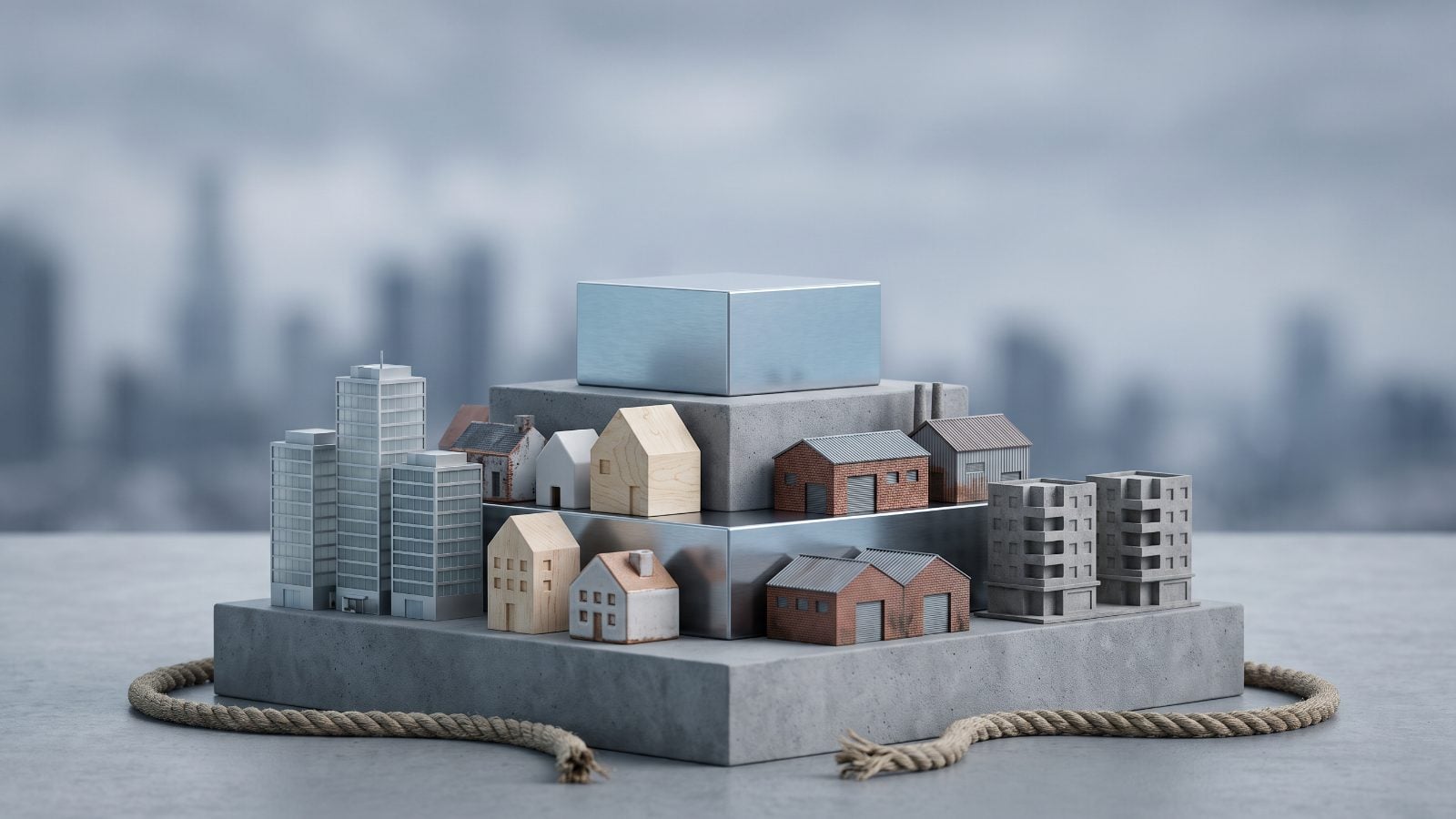 Editorial cover illustration for "0 of 264 Real Estate Companies Reach the Top Tier", using bold architectural structures and skylines to interpret its central idea.