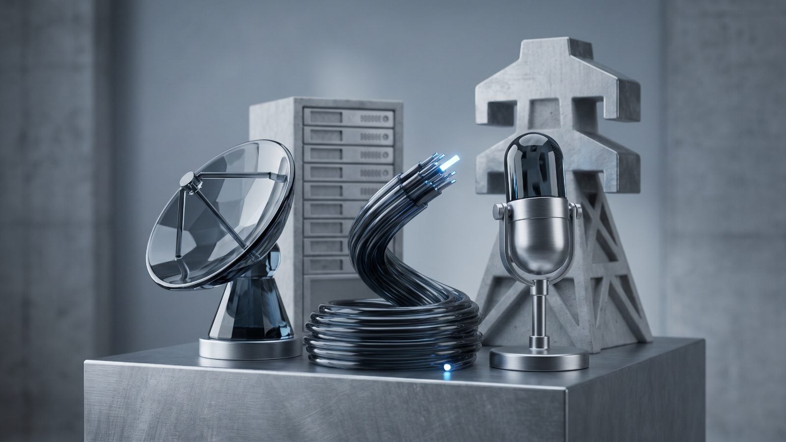 Editorial cover illustration for "Within StockLens coverage, Communication Services ranks first among 11 sectors for the share of companies rated Exceptional.", using broadcast and transmission-object craftsmanship to interpret its central idea.