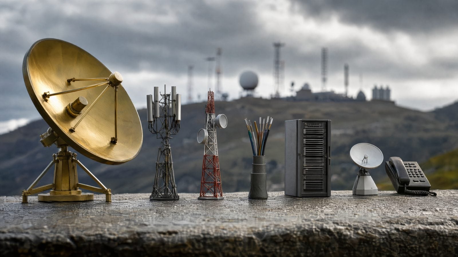 Editorial cover illustration for "Only 1 of 255 Communication Companies Clears the Top Band", using broadcast and transmission-object craftsmanship to interpret its central idea.