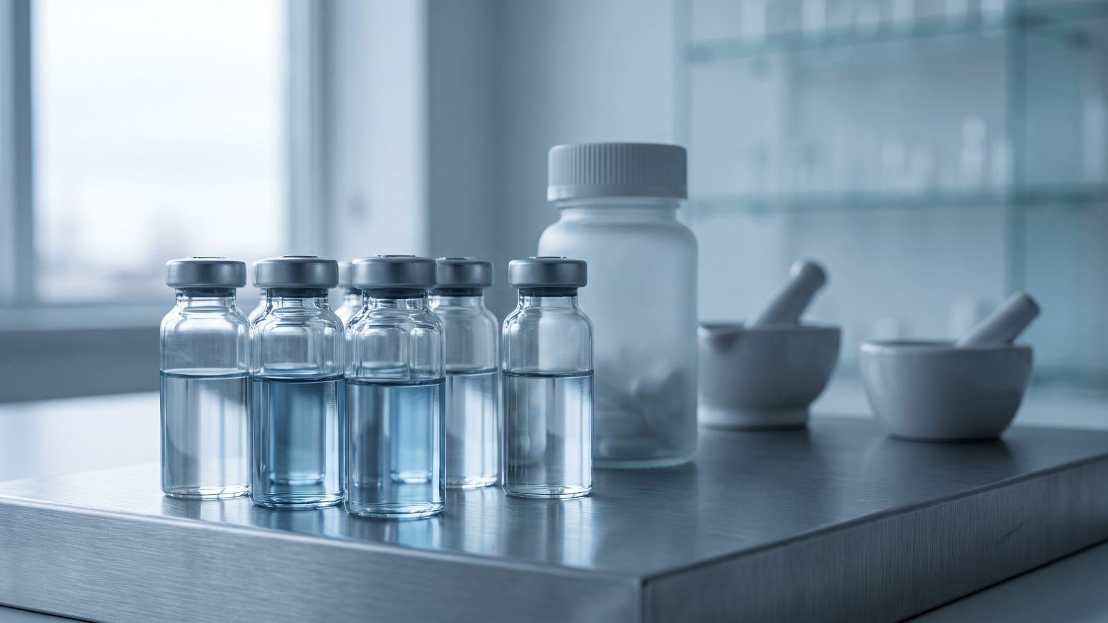 Editorial cover illustration for "Only 7 of 644 Healthcare Companies Reach the Top Band", using clean modern laboratory architecture to interpret its central idea.