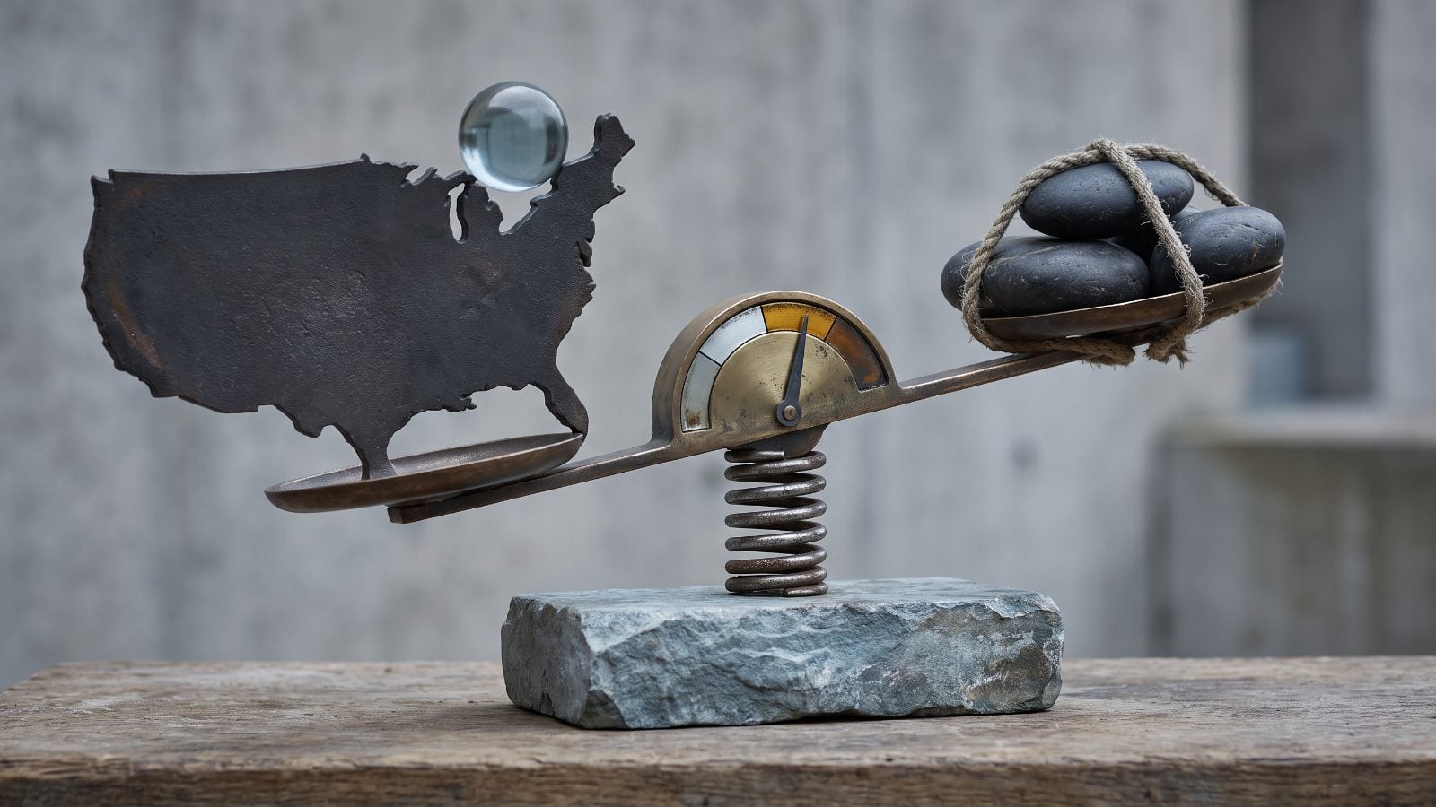 Editorial cover illustration for "StockLens Reads U.S. Markets as Risk On Despite Tight Policy and Overvaluation", using monumental enterprise scale and financial infrastructure to interpret its central idea.