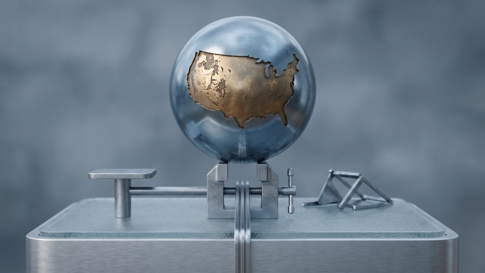 Editorial cover illustration for "StockLens Sees U.S. Market Risk On Despite Overvaluation and Policy Tightening", using monumental enterprise scale and financial infrastructure to interpret its central idea.